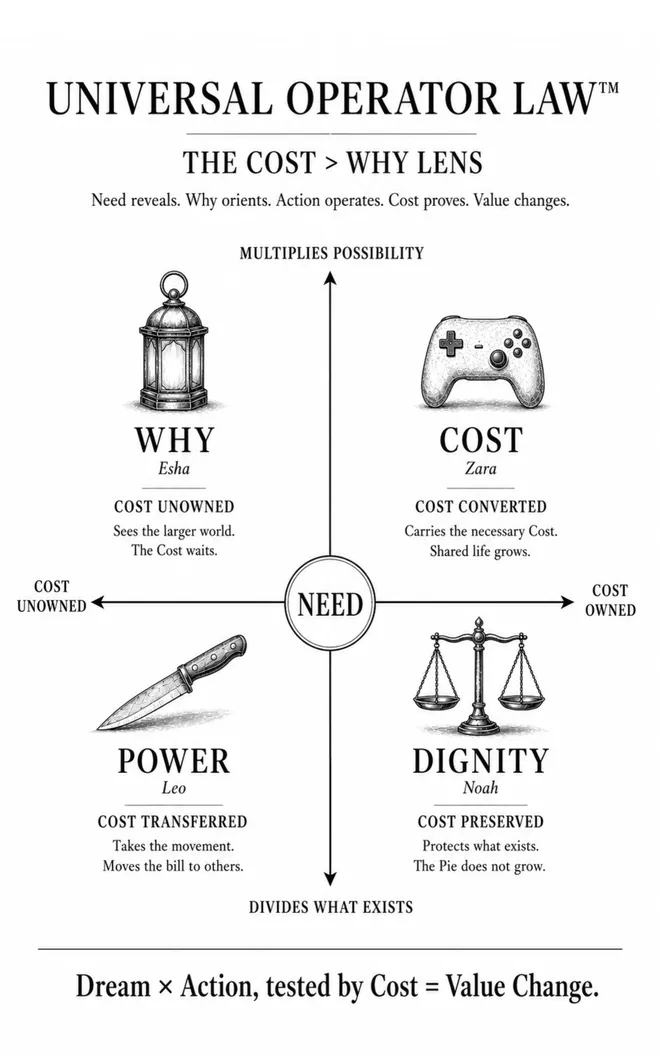 Universal Operator Law diagram showing Need at the center, with Why, Cost, Power, and Dignity positioned across Cost ownership and possibility axes.